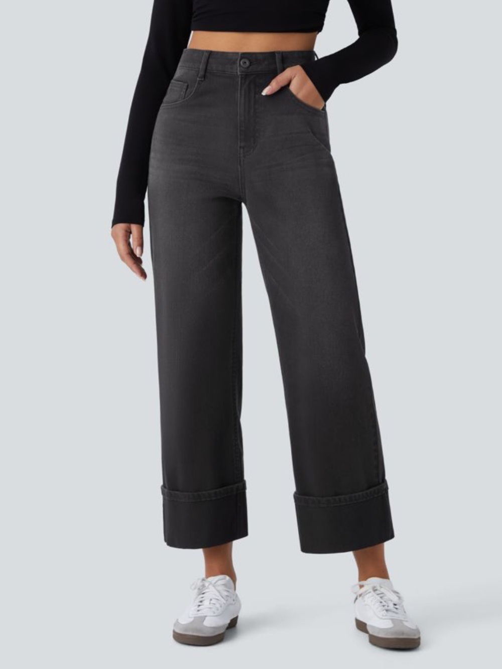 HALARA High-Rise Wide-Leg Cuffed Jeans — Black